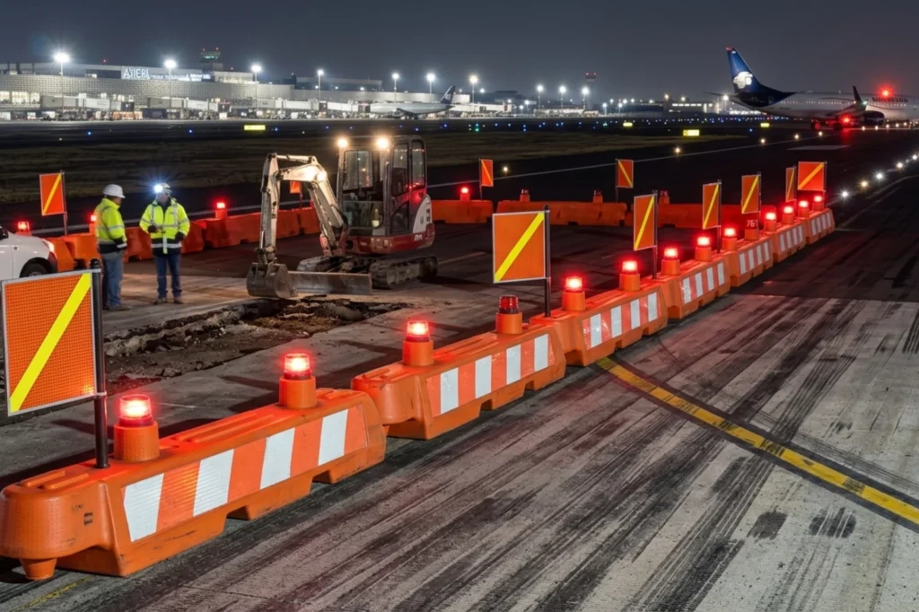 Señalización en aeropuertos con barreras de alta visibilidad para delimitar zonas de reparación y proteger áreas operativas