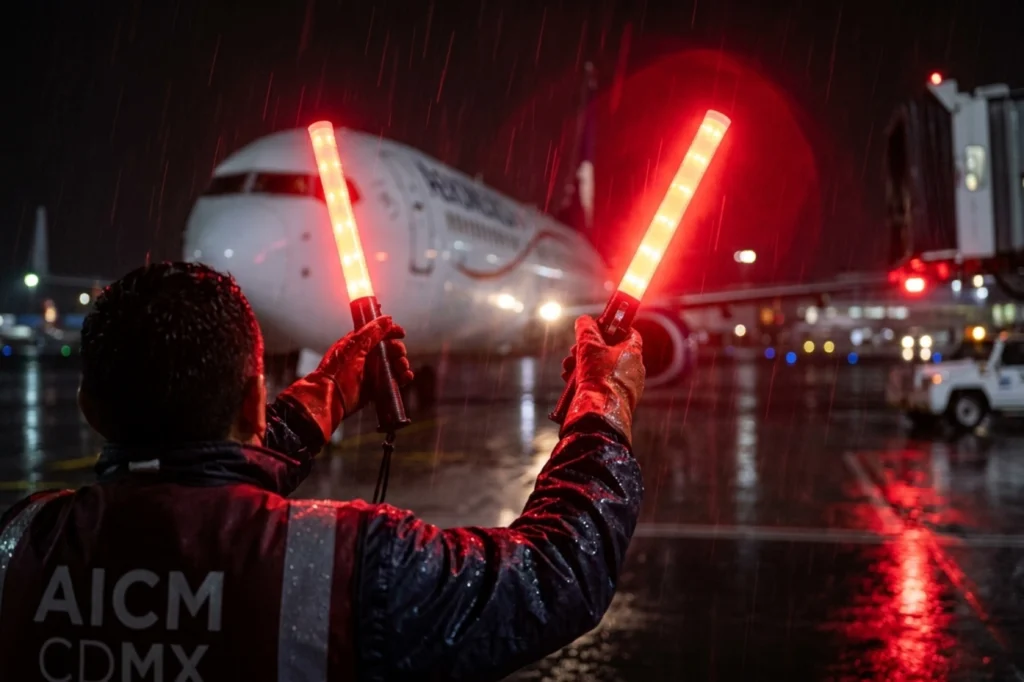 Señalética aeroportuaria con lámparas de mano para orientar maniobras en pista durante lluvia y baja visibilidad